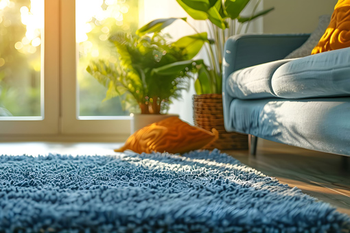 clean blue rug and sofa close up in living room