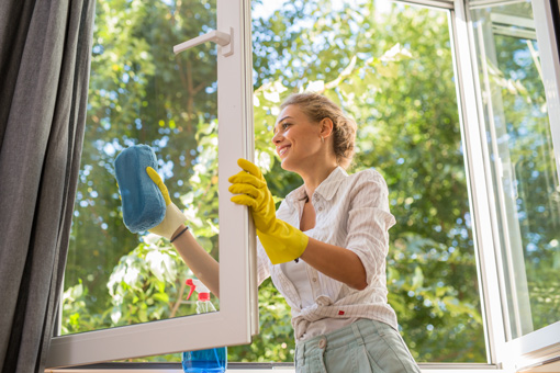 smiling woman cleaning windows on bright day at home