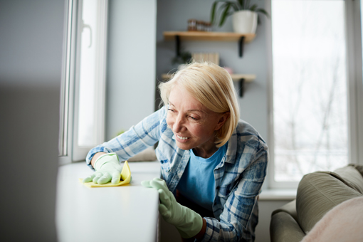 woman cleaning home, window sill